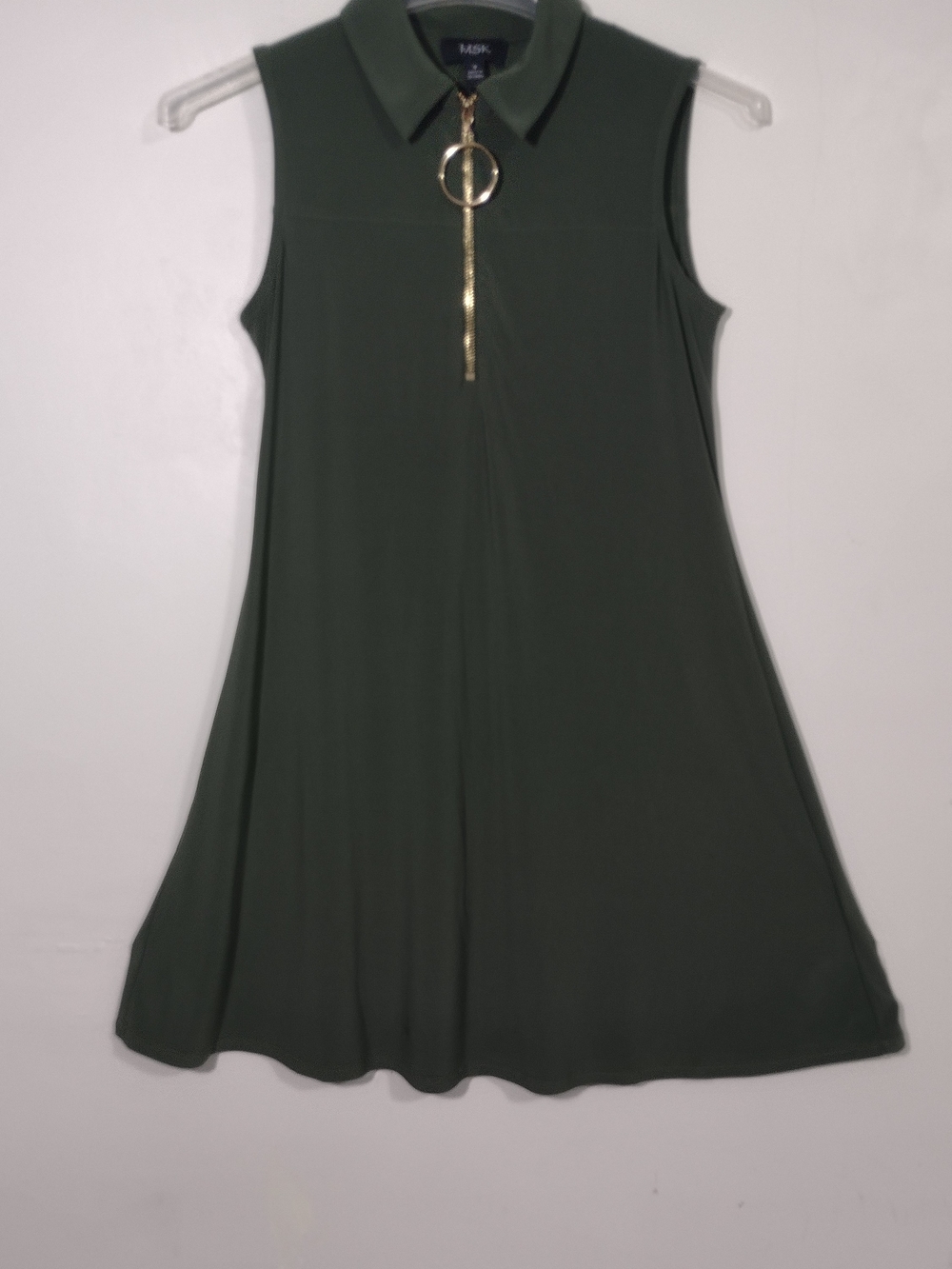 MSK Olive Green Sleeveless Polo Dress with Gold Ring Zip Size Small
